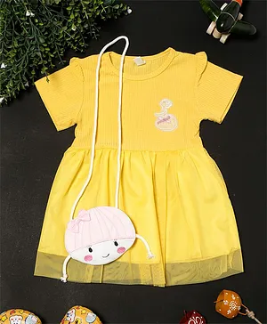 PASSION PETALS Half Sleeves Doll Patch Detailing Dress With Sling Bag - Yellow