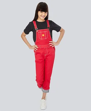 Olele Solid Full Length Dungarees  - Red