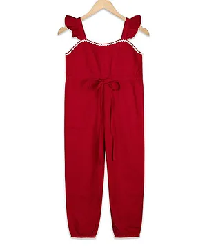 Olele Solid Sleeveless Linen Jumpsuit  - Red