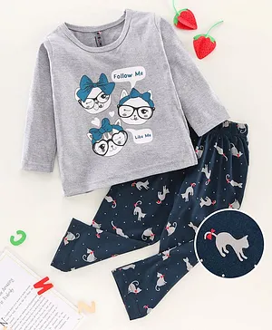 Enfance Core Full Sleeves Cat Printed Night Suit - Grey & Blue