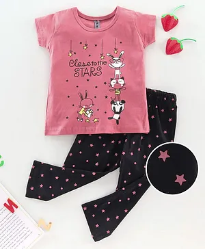 Enfance Core Short Sleeves Stars Printed Night Suit - Peach