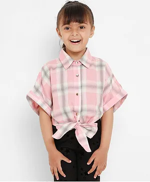 Nauti Nati Half Sleeves Checkered Rayon Shirt Style Top  - Peach