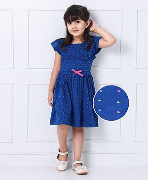 Hola Bonita Short Sleeves Frock with Yoke Lace Polka Dot Print - Navy Blue