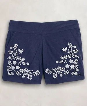 Cherry Crumble By Nitt Hyman Floral Embroidered High Waist Shorts - Navy Blue
