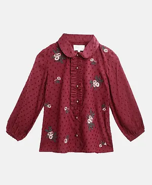 Cherry Crumble By Nitt Hyman Full Sleeves Floral Embroidered Shirt Style Top - Maroon