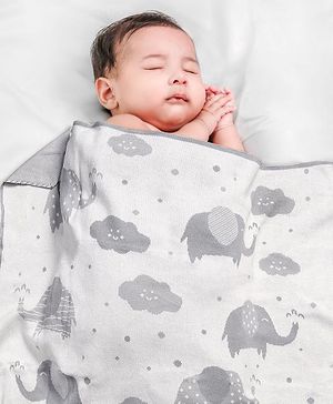 Babyhug Premium Knitted 100% Cotton All Season Blanket Elephant Print - Grey White - L 90 x B 70 cm Grey