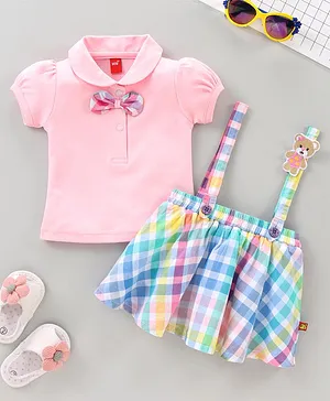 Wow Cloths Half Sleeves Tee & Checked Skirt with Suspenders - Pink
