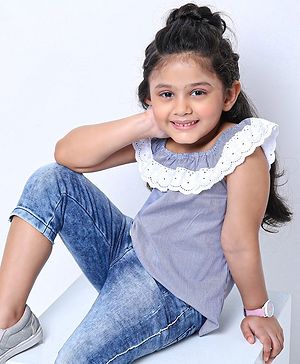 Babyhug Sleeveless Striped Top with Lace Detailing - Blue