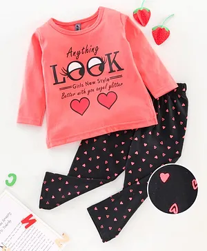 Enfance Core Full Sleeves Heart & Text Printed Night Suit - Red