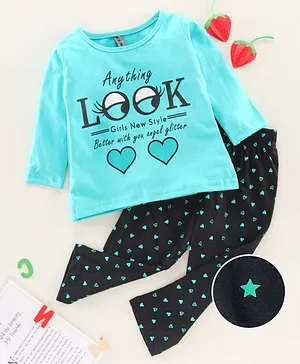 Enfance Core Full Sleeves Heart & Text Printed Night Suit - Sea Green