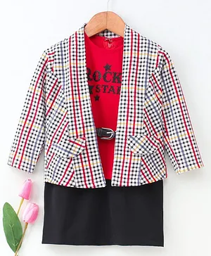 Enfance Core Rock Star Print Dress With Full Sleeves Checked Jacket - Red