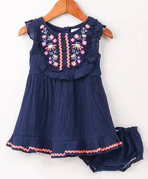 Babyoye Cotton Sleeveless Frock With Bloomer Floral Embroidery - Blue