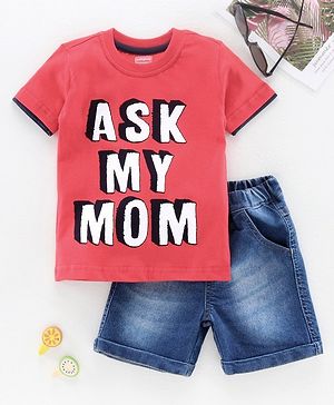 Babyhug Half Sleeves Tee and Denim Shorts Set Text Print - Red