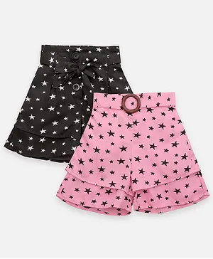 Lilpicks Couture Pack Of 2 Stars Printed Shorts - Black & Pink