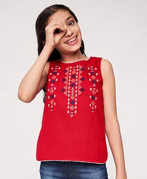 Global Desi Girl Sleeveless A Line Fit Embroidered Top - Red