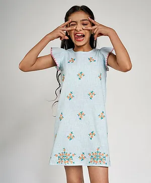 Global Desi Girl Short Sleeves Striped Flower Print Dress - Blue