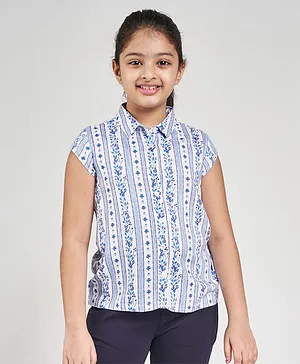 Global Desi Girl Short Sleeves Flower Design Top - Blue