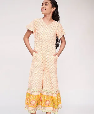 Global Desi Girl Short Sleeves Lose Fit Flower Print Jumpsuit - Yellow