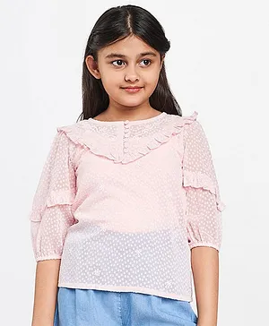 Global Desi Girl Three Fourth Sleeves Embroidered Top - Peach