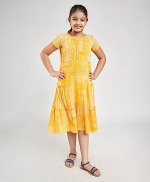 Global Desi Girl Printed Half Sleeves Dress - Mustard