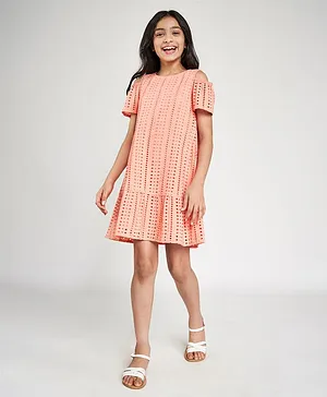 Global Desi Girl Embroidered Half Sleeves Dress - Peach
