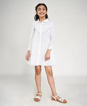 Global Desi Girl Full Sleeves Self Design Shirt Style Dress - White