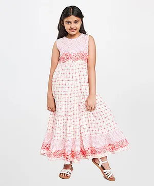 Global Desi Girl Sleeveless Printed Fit & Flared Dress - Off White & Pink