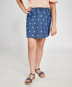 Global Desi Girl Short Length Floral Embroidered Skirt - Blue