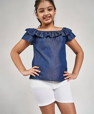 Global Desi Girl Short Sleeves Solid Colour Off Shoulder Dress - Blue
