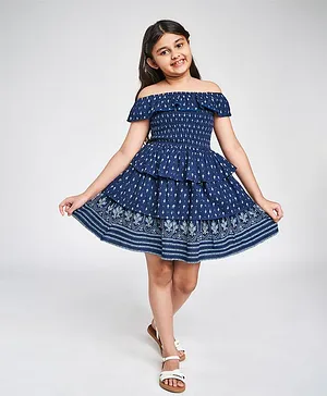 Global Desi Girl Short Sleeves Floral Print Off Shoulder Dress - Blue