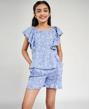 Global Desi Girl Short Sleeves Floral Print Top & Shorts Set - Light Blue