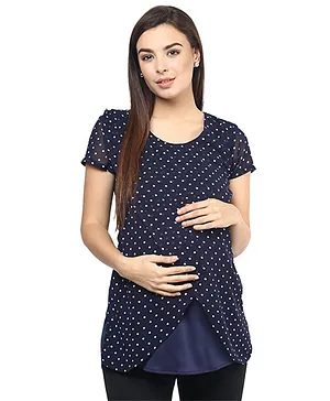 Mine4Nine Georgette Layered Maternity Top Polka Dots Print - Navy