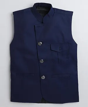 Fourfolds Sleeveless Solid Waistcoat - Navy Blue