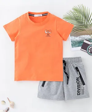 Flenza Half Sleeves Tee With Division Print Detailing Shorts - Orange & Grey