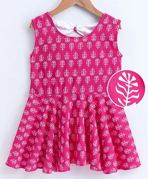 Kidcetra Sleeveless Flower Print Dress With Big Satin Bow At The Back - Fuschia