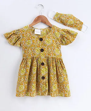 Kidcetra Short Sleeves Printed Dress With Cotton Face Mask - Yellow