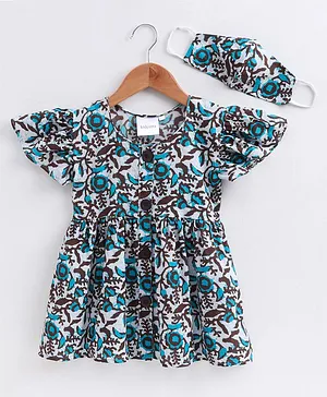 Kidcetra Short Sleeves Printed Dress With Fae Mask - Blue