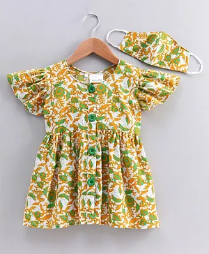 Kidcetra Short Sleeves Flower Print Dress With Cotton Face Mask - Green