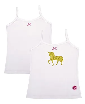 D'Chica Sleeveless Pack Of 2 Solid & Shimmery Horse Printed Camisoles - White