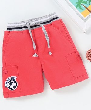 Babyhug Shorts With Drawstring Football Patch - Red
