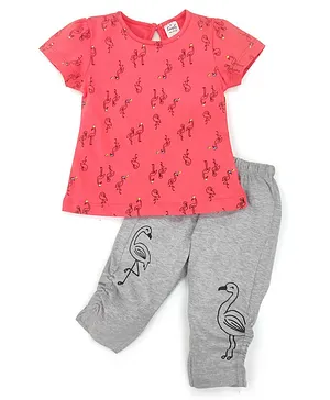 Simply Half Sleeves Top And Bottomwear Flamingo Print - Pink