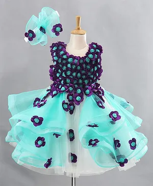 Li&Li BOUTIQUE Sleeveless Floral Cluster Embellished Flared Dress With Headband - Blue