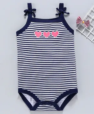 Babyhug 100% Cotton Singlet Stripe Onesie Heart Embroidery - Navy Blue