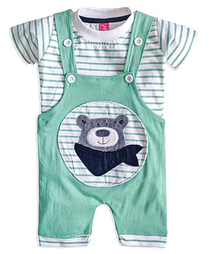 Jb Club Half Sleeves Striped T-Shirt With Bear Patch Dungaree - Green