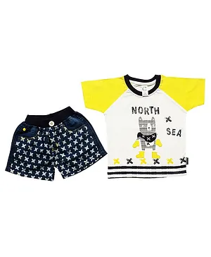 Kooka Kids Half Sleeves Teddy Bear Print T- Shirt & Shorts - Yellow