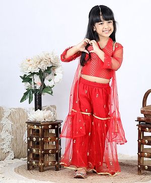 Babyhug Full Sleeves Sharara Top and Pant Set with Shrug - Red