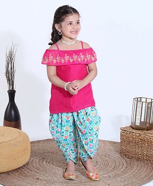 Babyhug Half Sleeves Off Shoulder Embroidered Top and Printed Dhoti Set - Fuschia Blue