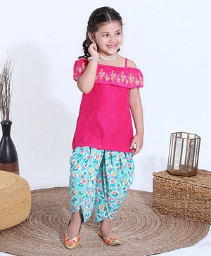 Babyhug Half Sleeves Off Shoulder Embroidered Top and Printed Dhoti Set - Fuschia Blue