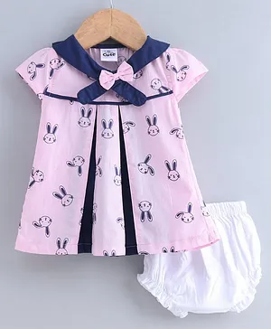 U R Cute Half Sleeves Bunny Printed Dress With Bloomers - Pink