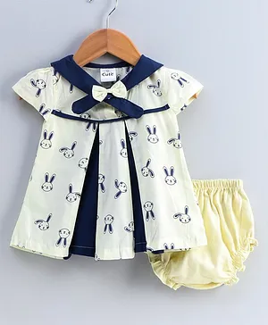 U R CUTE Short Sleeves Bunny Print Dress With Bloomer - Lemon Yellow